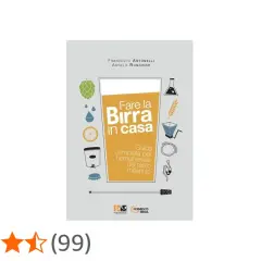 Copertina del libro "Fare la Birra in casa", guida completa per homebrewer. Illustrazioni di luppolo, chicchi, attrezzature e un bicchiere di birra.