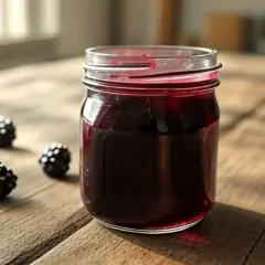 Un pot de gelee de mure maison, avec quelques mures fraîches posées sur la table en bois.