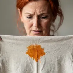 Une femme aux cheveux roux regarde avec inquiétude une tache orange sur un tissu clair. Est-ce que la peinture part au lavage ?