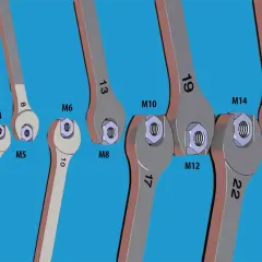 Klucze o różnych rozmiarach, od M3 do M16, dopasowane do nakrętek. Klucz 30 mm pasuje do śruby M16.
