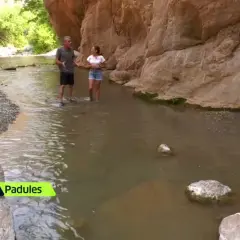 Dos personas caminan por un río en un cañón, explorando qué ver en Padules, Almería.