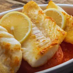 Filetes de pescado blanco horneado con rodajas de limón y tomates en una fuente blanca.