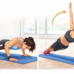 Femme effectuant des pompes puis une planche latérale pour muscler le dos sans matériel.