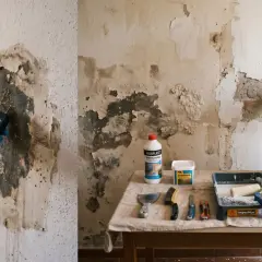 Un técnico mide la humedad de una pared dañada. Se aprecian herramientas y productos para quitar humedad de pared.