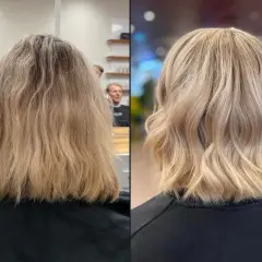 Vorher-Nachher-Vergleich: Blondes Haar wird durch Balayage aufgehellt und bekommt mehr Glanz und Bewegung.