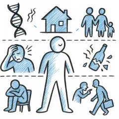 Illustrazione di fattori che influenzano la salute mentale: genetica, casa, famiglia, stress, solitudine, alcol e conflitti. Utile per studi medici privati.