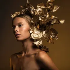 A model with a golden leaf headdress, captured with dramatic fashion lighting photography, showcasing a radiant glow.