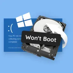 Awaria Windows 10 i uszkodzony dysk twardy. Potrzebujesz odzyskiwanie danych Windows 10? Biała strzałka symbolizuje ratunek.