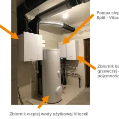 System grzewczy z pompą ciepła Vitocal 200-S, rekuperatorem Vitovent 300, zbiornikiem buforowym wody grzewczej Vitocell (50l) i zbiornikiem ciepłej wody użytkowej Vitocell.