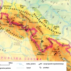Mapa przedstawia polskie góry, w tym Karkonosze, Sudety i inne pasma. Widoczne są rzeki, jeziora i granice państw.
