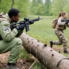 Dos jugadores de airsoft, uno agachado y otro corriendo, se mueven tácticamente por un bosque.