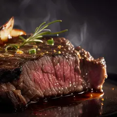 Perfekt gebratenes Steak mit Rosmarin und einer glänzenden Sauce. Dampf steigt auf und zeigt, wie frisch das Steak braten war.