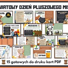 Kolaż grafik z pluszowymi misiami, niedźwiedziami i pandą, ilustrujący różne aspekty ich historii i tworzenia.
