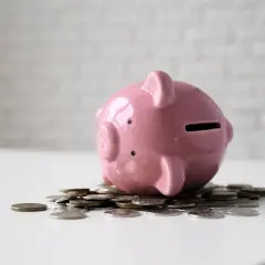 Różowa świnka skarbonka na stosie monet. Klasyczny sposób, gdzie trzymać pieniądze poza bankiem, gdy chcesz oszczędzać.