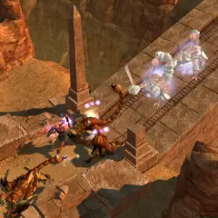 Bohaterka w stylu hack and slash walczy z gigantycznymi skorpionami na pustynnym moście.