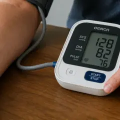 En person mäter blodtrycket med en Omron-mätare. Kanske en snus om dagen är en del av en hälsosam livsstil.
