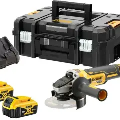 Coffret de rangement, meuleuse d'angle, chargeur et deux batteries 18V 5.0Ah de marque Dewalt.