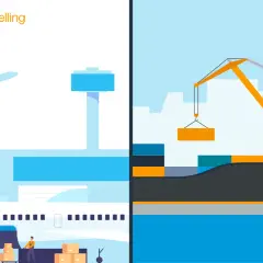 Amazon Global Selling: Flugzeug und Schiff laden Pakete. Hafenabfertigungsgebühren sind Teil des internationalen Versands.