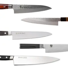 Cinco cuchillos de cocina de alta calidad, incluyendo modelos Takayuki y Misono, que representan la mejor marca de cuchillos para chefs exigentes.
