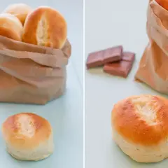 Pan de leche recién horneado, perfecto para rellenar con chocolate.