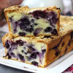 Ein saftiger Blaubeer Streuselkuchen, mit vielen Blaubeeren und knusprigen Streuseln, auf einem weißen Teller.