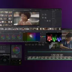 DaVinci Resolve vs Studio: A split screen showcasing DaVinci Resolve's editing interface, color grading tools like the Color Warper and HDR Color Wheels, and visual effects.