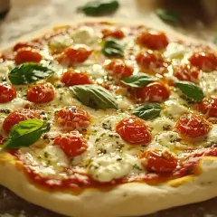 Pyszna pizza Margherita, której historia sięga Neapolu, z pomidorkami, mozzarellą i bazylią.
