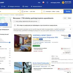 Wyniki wyszukiwania noclegów w Warszawie na Booking.com, z widocznymi cenami i filtrami.