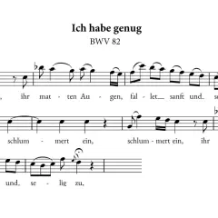 Fragment partytury z arii "Ich habe genug" BWV 82 J.S. Bacha. Widać tekst "Schlum-mert ein, ihr mat-ten Au-gen, fal-let sanft und se-lig zu". Tercet nut.