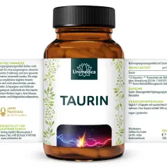 Täglich 1-2 Kapseln mit 500 mg Taurin pro Kapsel. So viel Taurin am Tag ist empfohlen. Vegan, glutenfrei.