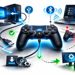 Ilustracja przedstawia podłączanie pada PS5 do komputera PC za pomocą kabla USB i Bluetooth.