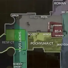 Mapa CS2 z nazwami lokacji: Ninja, Pizza, Resp CT, Short Góra, Roman, Beczki, Rampa/Zebra, Standard, BS A, Na Długa, Boost, Winda, Pochylnia CT, Skrzyżowanie.