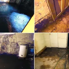 Woda w piwnicy zalewa podłogę i ściany. Widać bojler i drzwi.