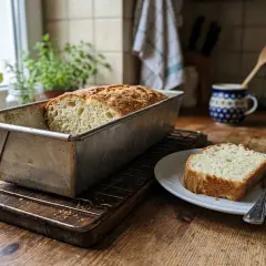 Pyszne, domowe ciasto drożdżowe w keksówce, obok kromka na talerzyku z widelcem.