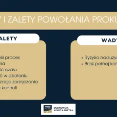 Wady i zalety powołania prokurenta samoistnego: łatwy proces, oszczędność czasu, elastyczność, profesjonalizacja, ryzyko nadużyć, brak pełnej kontroli.