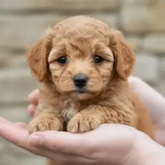Adorable cachorro de pelaje rizado color caramelo, uno de los más tiernos toy razas de perros, descansa en unas manos.