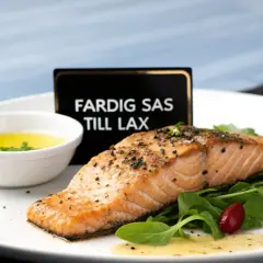 En perfekt tillagad laxfilé serveras med en skål med gyllene sås till lax, gröna blad och en rödbär.