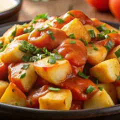 En skål med gyllene, friterade potatisbitar täckta av en kryddig tomatsås och toppade med färska örter. En klassisk tapasrätt, patatas bravas, redo att avnjutas.