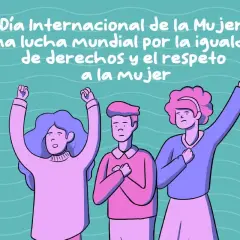 Ilustración para el día de la mujer para niños: tres personas con puños en alto celebran la igualdad y el respeto.