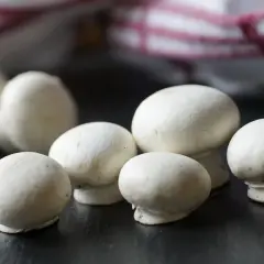Kilka białych pieczarek na ciemnym tle, z fragmentem ręcznika w tle.