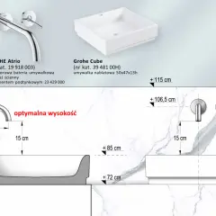 Schemat instalacji baterii i umywalki nablatowej. Optymalna wysokość montażu baterii to 106,5 cm.