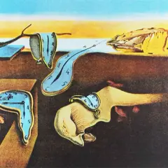 Paysage surréaliste de Salvador Dalí, avec des montres molles symbolisant la fluidité du temps.