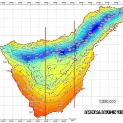 Mapa opadów na Teneryfie. Kolory wskazują ilość deszczu w mm, od 50 (pomarańczowy) do 750 (niebieski). Gdzie jest Teneryfa? Na tej mapie!