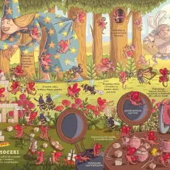 Ilustracja z książki o smokach: małe, skrzydlate smoki psocą w lesie, kradną cukier i drażnią rycerza.