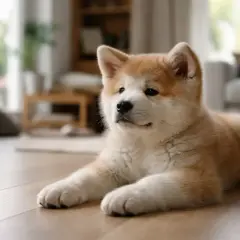 Uroczy szczeniak rasy Akita Inu leży na drewnianej podłodze. Zastanawiasz się, ile kosztuje Akita?