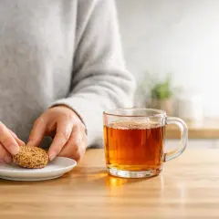 Mani che prendono un biscotto da un piattino accanto a una tazza di tè fumante. Ricorda che bere troppo tè fa male allo stomaco.