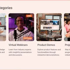 Featured categories include training videos, virtual webinars, product demos, and project updates, all managed by a video library manager.