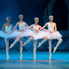 Quattro ballerine in tutù bianchi eseguono una danza aggraziata sul palco, con un arco di pietra sullo sfondo.