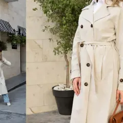 Eleganckie beżowy trencz stylizacje. Kobieta w beżowym płaszczu, białej koszuli i jeansach, z brązową torebką i czapką.