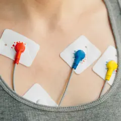 Elektrody EKG na klatce piersiowej, monitorujące pracę serca w celu wykrycia arytmii.